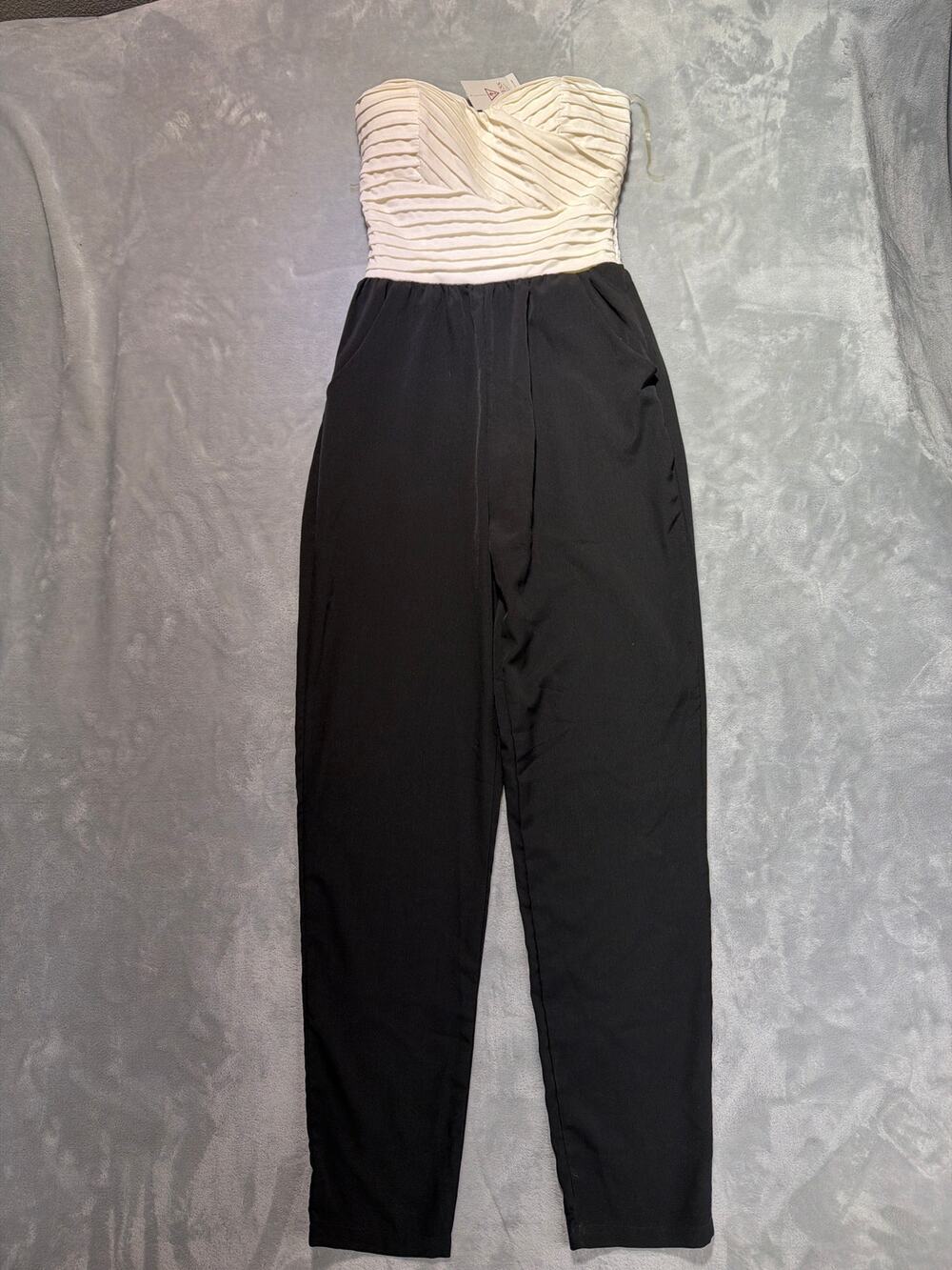 GUESS Strapless Colorblock Jumpsuit White Pleated Bodice Black Pants S/P